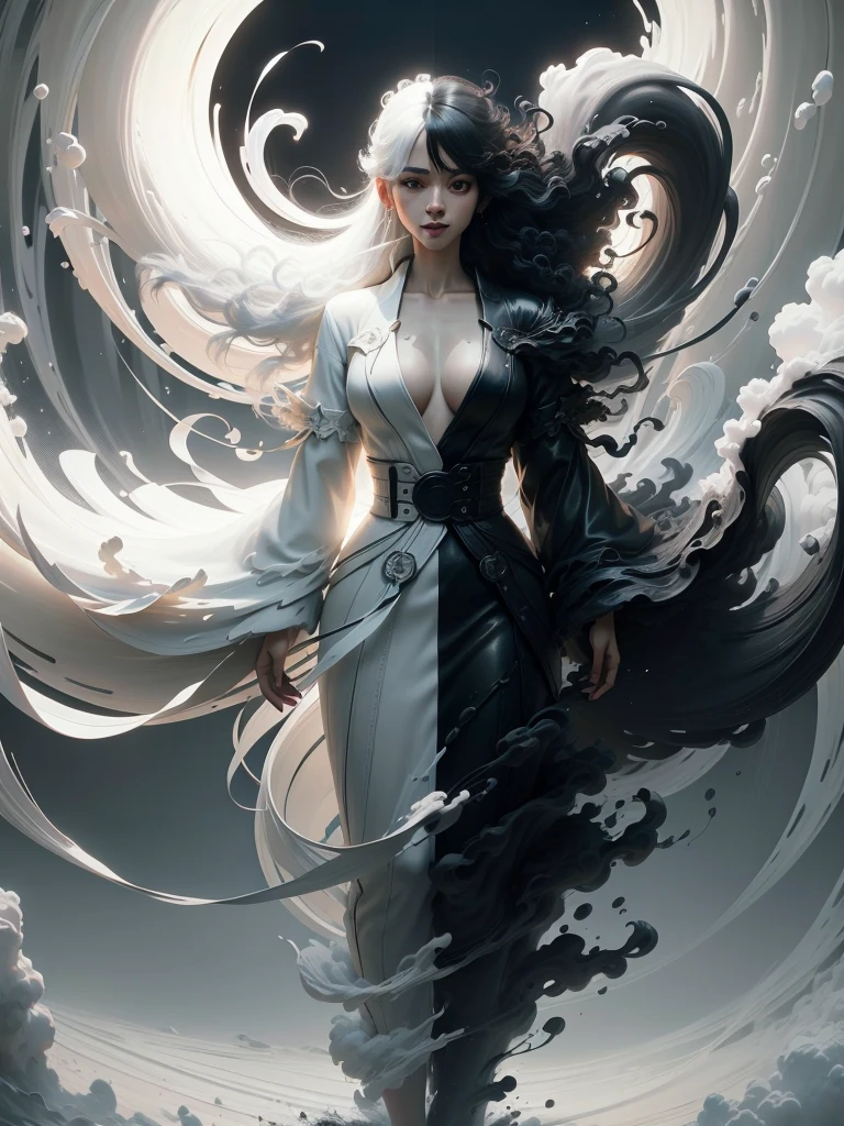 wabstyle, glowing, robe, (fog,:1.2) (mist:1.2), smoke, woman composed of white light, woman composed of black smoke, fire, sun, (photorealistic:1.4), cowboy shot, cinematic angle, fisheye, motion blur, nude, sexly, shoujo kitou-chuu,blue fire, frie rain, Long hair fluttering in the wind, loong, wave, The best smile when you see me、cute emo woman, long dark (white and black hair), punk-rock Lolita, natural breasts, waist up portrait, full body portrait, fashion photography, long wavy white and black hair, ((long black leather coat)), perfect face, ((full body portrait)) no background, Ultra-high definition beautiful teeth, realistic hands