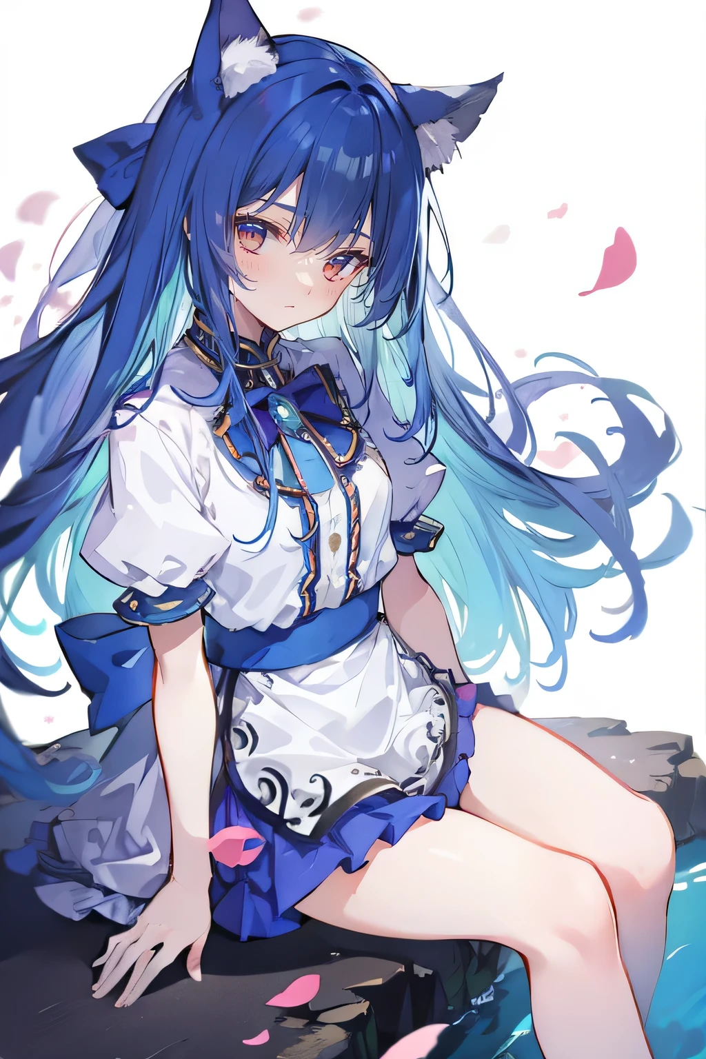 (masterpiece:1.2),ultra-detailed,realistic,expressive eyes,fair-skinned,perfectly shaped face,1girl,
Japanese cartoons,Gorgeous blue hair, flowing blue hair,floating clothes,cat ears,petals falling,beautiful Lola,Hina Angel,
hands on waist,gracefully sitting on the ground,legs crossed,gentle and serene background,cool and comfortable pavilion.