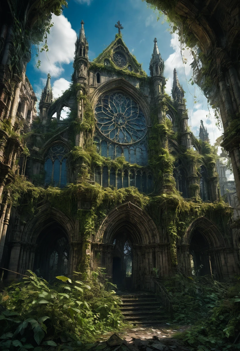 1fille, Un désert post-apocalyptique, Cathédrale Notre-Dame-de-Paris envahie par la vigne et les ruines de mousse dans la jungle luxuriante, peinture mate détaillée réaliste épique post-apocalyptique, couleur profonde, Fantastique, détail complexe, écran de démarrage, des couleurs complémentaires, art conceptuel fantastique, Tendance de la résolution 8k sur Artstation Unreal Engine 5