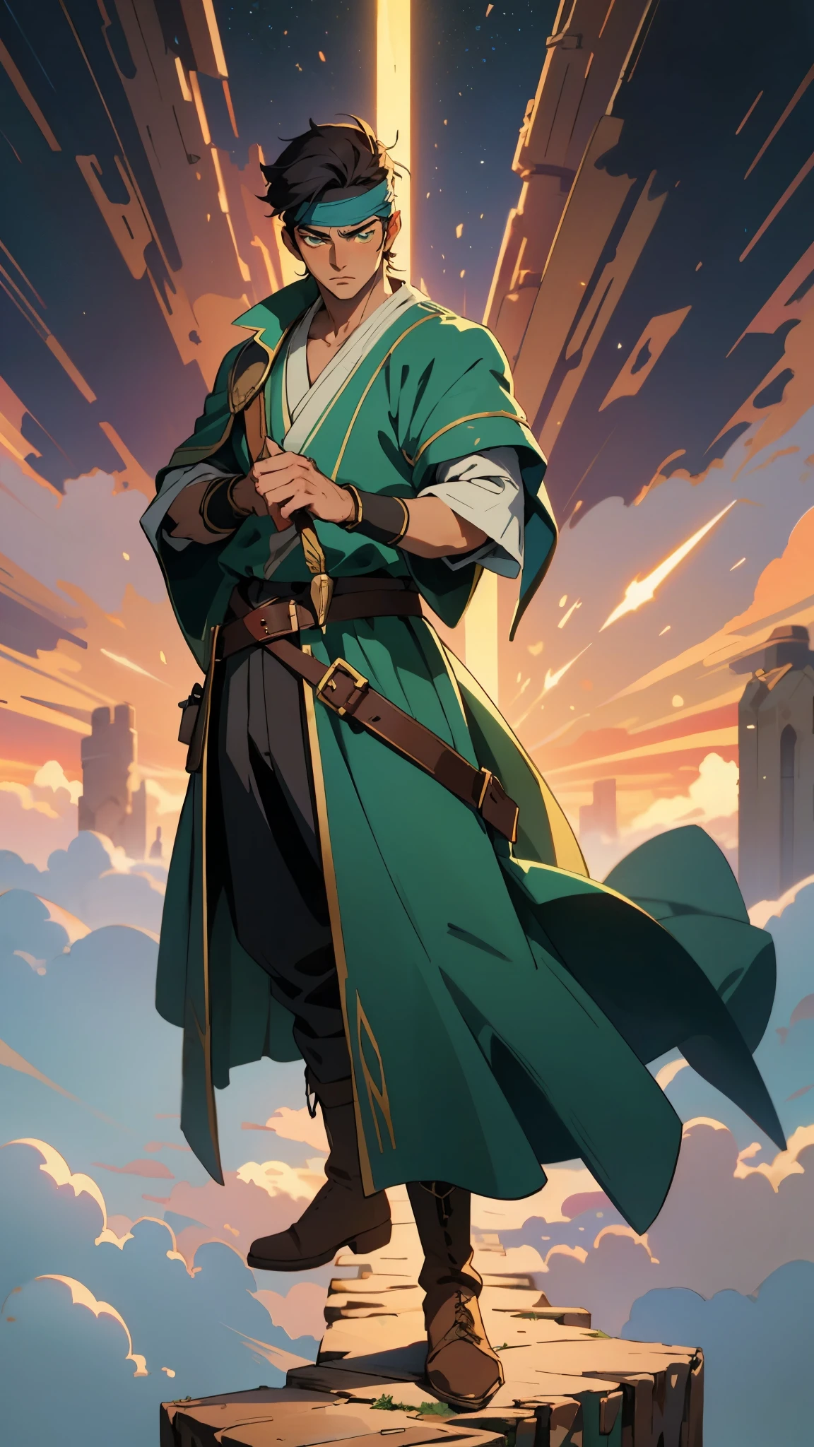 A young man with messy sky-blue short hair, a headband tied around his forehead, handsome face, calm expression, ((a fantasy-style short-sleeved robe coat with a unique half-side design, a green undershirt underneath)), an archer's wrist guard, a cloth belt, coarse cloth trousers, leather boots, overlooking the city from above, this character embodies a finely crafted fantasy-style archer in anime style, exquisite and mature manga art style, high definition, best quality, highres, ultra-detailed, ultra-fine painting, extremely delicate, professional, perfect body proportions, golden ratio, anatomically correct, symmetrical face, extremely detailed eyes and face, high quality eyes, creativity, RAW photo, UHD, 32k, Natural light, cinematic lighting, masterpiece-anatomy-perfect, masterpiece:1.5