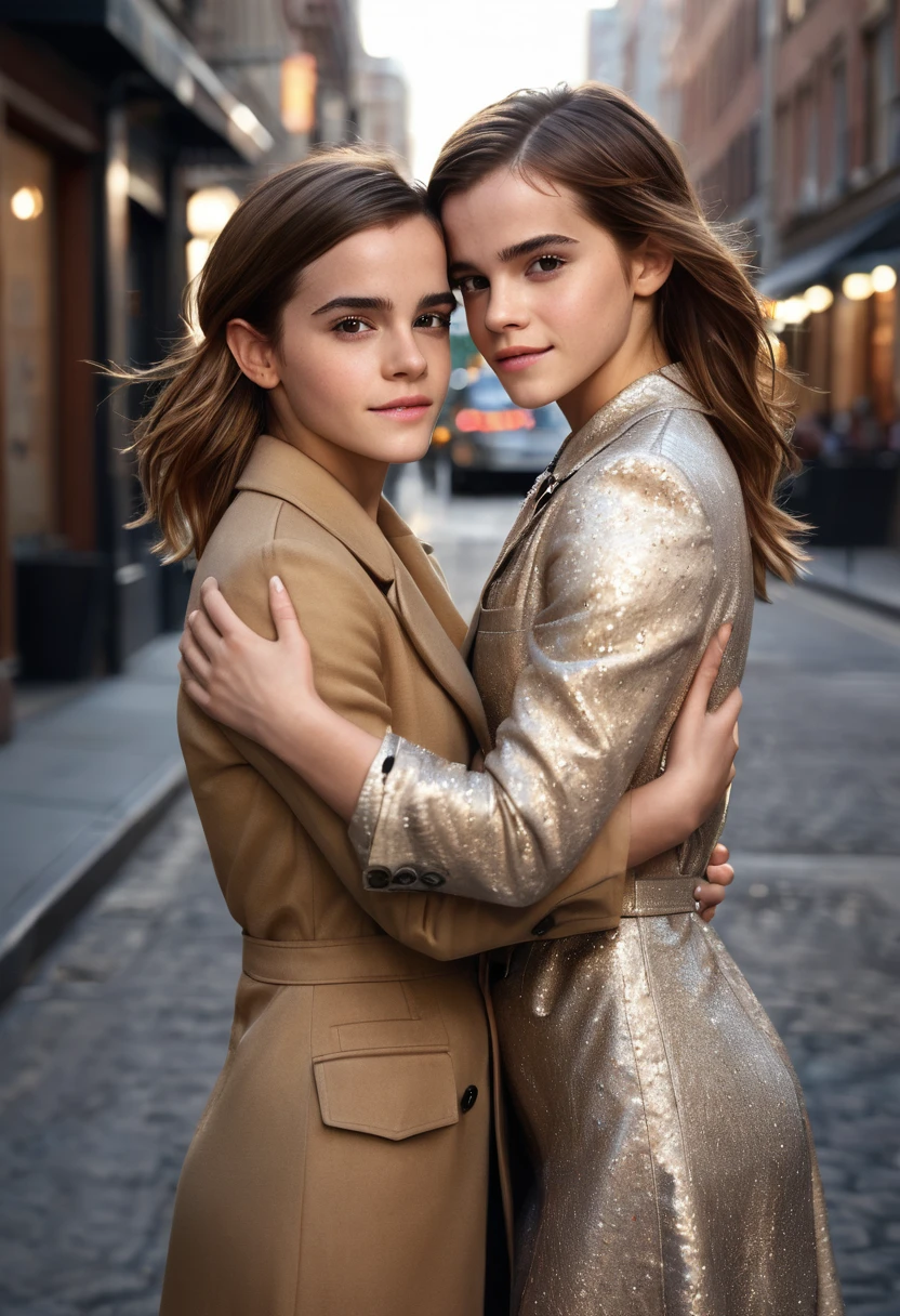 (2girls:1.1), (Emma Watson:1.2), (Hailee Steinfeld:1.3), hugging, posing for picture, model-shoot style, magazine cover photo style, (beautiful, hot, attractive), soft sensual lighting, hyperrealism, ultra realism, cinematic portrait, film grain, bokeh, evening shot, beautiful city street at night, (smile:0.4), (skin texture:1.7), (high detail face:1.8), full length shot, high detail clothes, (masterpiece), (realistic), ultra high definition, 4k, ultra high resolution, photo by Arny Freytag, RAW image, perfect anatomy, beautiful women, extremely detailed, intricate details, highly detailed, detailed skin, realistic skin texture, texture, detailed eyes, maximum detail, roughness, real life, ultra realistic, photorealism, photography, absurdres, highest quality, professional photo, highres, super detailed