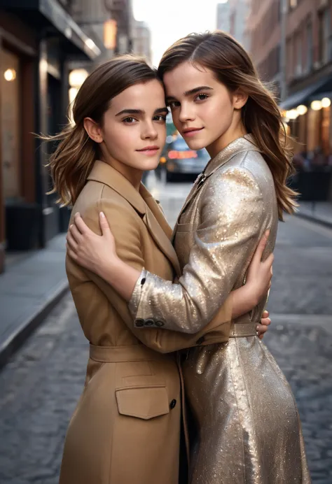 (2girls:1.1), (Emma Watson:1.2), (Hailee Steinfeld:1.3), hugging, posing for picture, model-shoot style, magazine cover photo st...