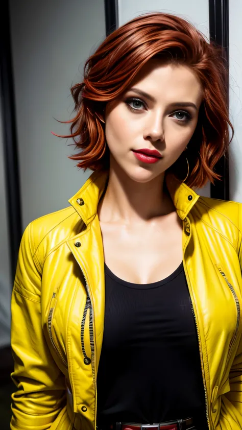 Scarlett Johansson, smiling, ((Very intense makeup)), ((bright lipstick)), short hair, red hair, yellow jacket, yellow belt, yel...