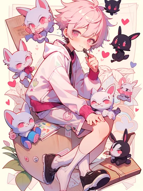 boy1名, flower,portraiture,boy shota、stuffed rabbit、tracksuits、shorts、light-pigmented hair、pink eyes、high quality、high resolution...