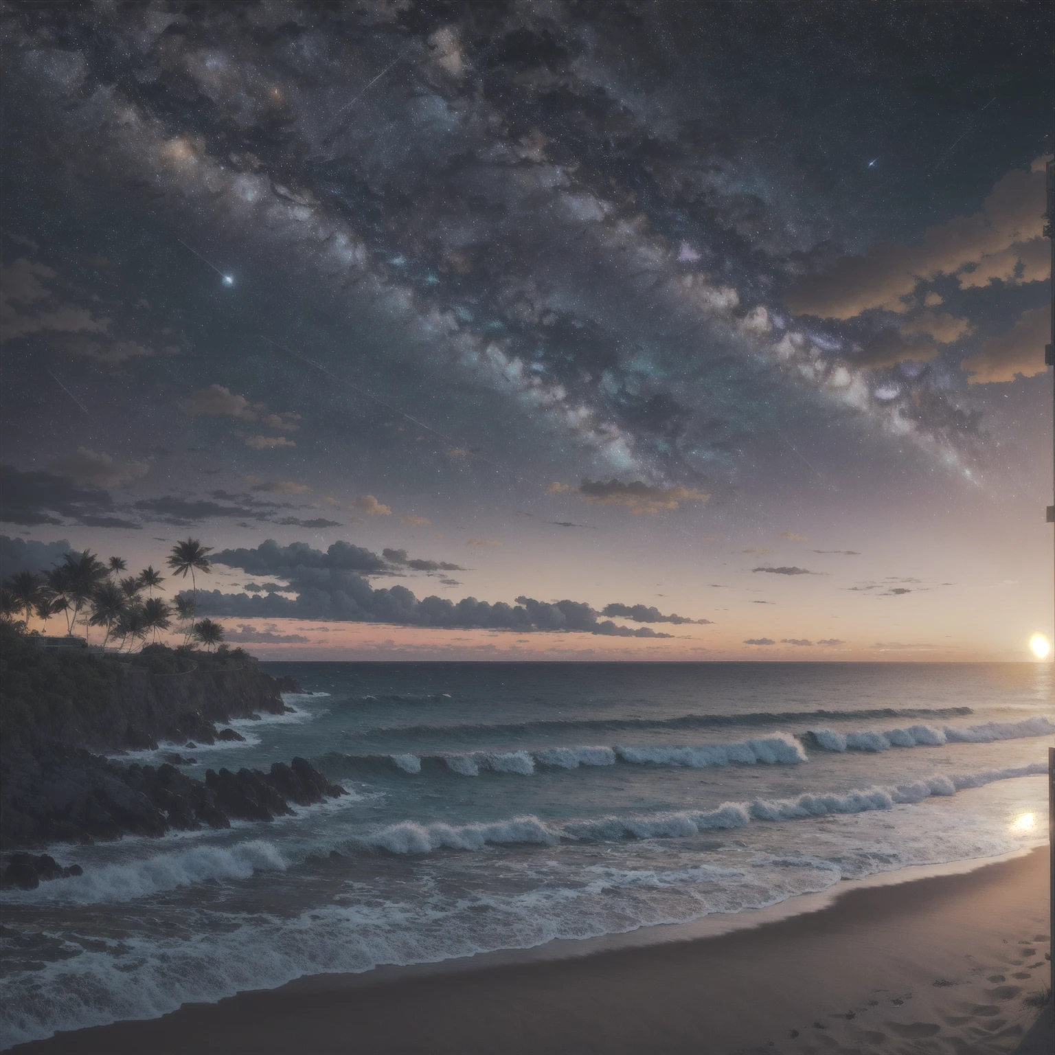 highres, imagination, (realistic), clear skies, composition, sunset, (hdr:1.5), billboards, intricate details.
Beautiful beach in the background, the waning moon appearing in the background in the right corner.
In the sky, stars and some distant galaxy can be seen showing the beauty and bucolicness of the landscape.
Image with strong and contrasting colors.