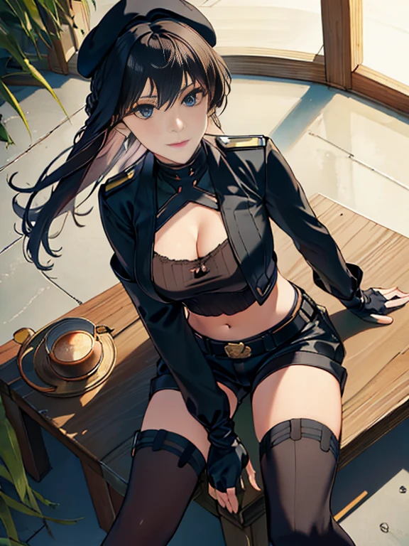  19 years old, (milf:0.8), (solo:1.5), (sfw:1.25), sexy breast, beautiful breasts, (medium tits:0.8), thin waist, big ass:1.0, Raised sexy, (black beret,black military jacket, open clothes, cleavage, midriff, black shorts, black thighhighs, thigh strap, fingerless gloves, single glove:1.2), blue eyes, light smile, big , Revimpling fabric, earrings, Hand gloves, detailed face,(hold a cigarette:1.1),long hair,side ponytail,hair between eyes,bangs,detailed and beautiful eyes,beautiful detailed lips,Rolling her eyes,manner,hair over one eye, (ultra high resolution, 8K RAW photo, photo realistics, thin outline:1.3, clear focus), best qualtiy, natural lighting, textile shading, field depth, (Bright pupils, fine detailed beautiful eyes with highlight:1.3, high detailed face), Red lip, fine realistic skins:1.1, looking down viewers:1.3, (dynamic angle:1.3, front view:1.1, breast focus:1.3, from above:1.2), (dynamic posing:1.5, sexy posing:1.2),Youghal, side lock, hair ornaments,nice,garden background,artistic rendering,Super detailed,(highest quality,4k,8K,High resolution,masterpiece:1.2),Bright colors,studio lighting ,at military base in usa
