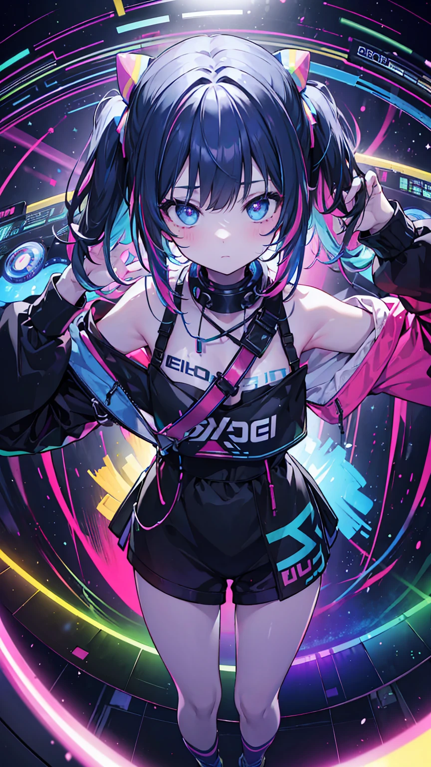 (masterpiece, best quality), (colorful:1.4), from above, solo, 1girl standing in a crowded techno rave, with pulsating electronic beats and neon lights, with a bag of glow sticks and DJ equipment, depth of field, fisheye lens
