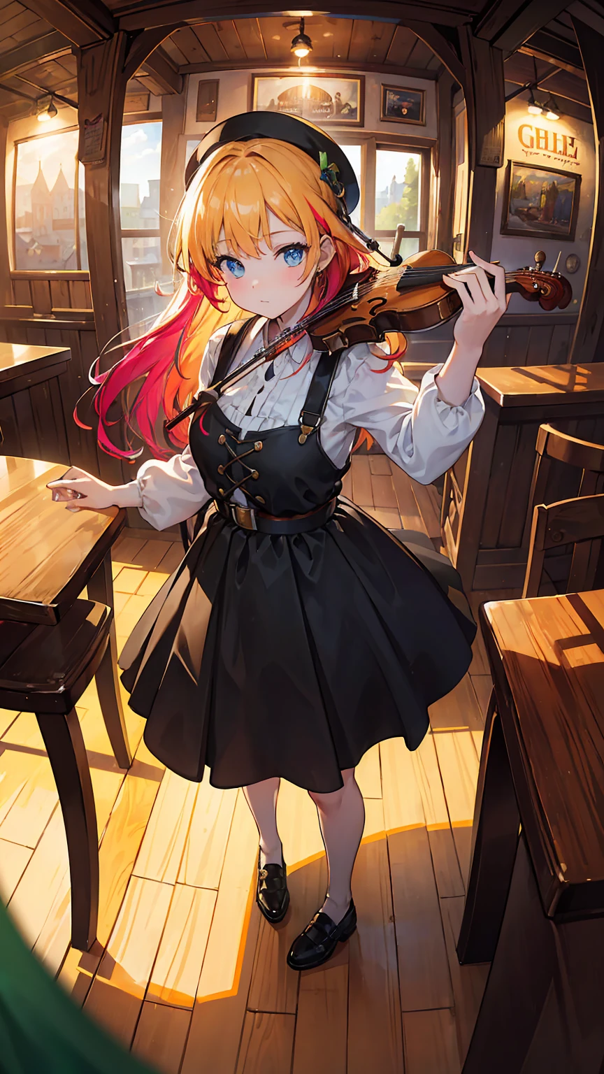 (masterpiece, best quality), (colorful:1.4), from above, solo, 1girl standing in a traditional Irish pub, with lively fiddle tunes and people tapping their feet, with a bag of Guinness mugs and a tin whistle, depth of field, fisheye lens