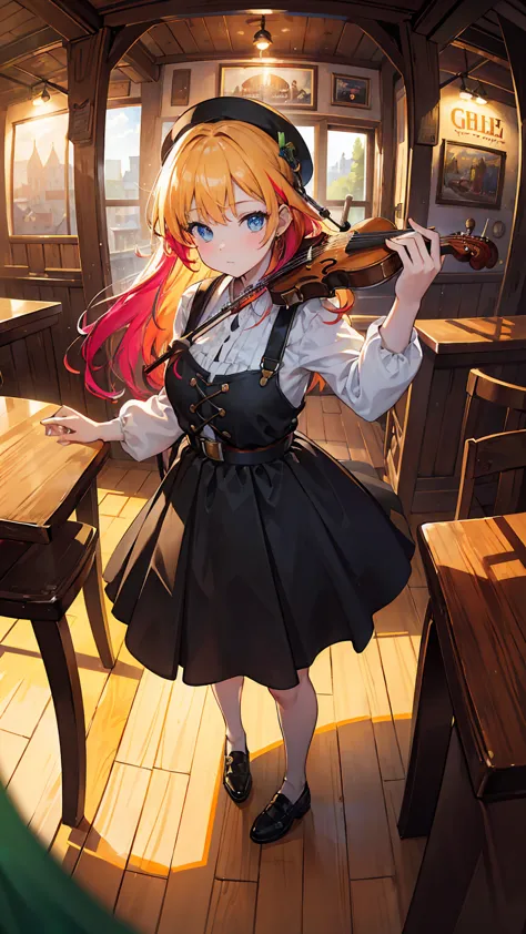 (masterpiece, best quality), (colorful:1.4), from above, solo, 1girl standing in a traditional Irish pub, with lively fiddle tun...