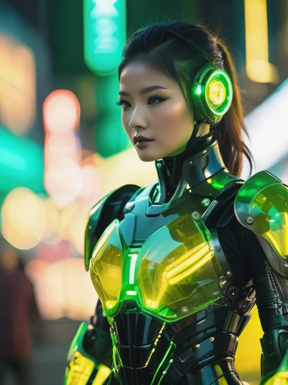 foto cinematográfica obra-prima de tirar o fôlego, máxima fidelidade, Detalhes ultra-altos, ultra HD, Fotografia Panavision Millennium DXL2 8k de um ((erotic non-nude neonpunk transparente glass combat armor led aceso,robô homem, verde preto amarelo)), transparente, led aceso, sutiã de vidro cyberpunk neonpunk, . Fotografia 35mm, film, Bokeh, profissional, 4K, Altamente detalhado, WOWEARN Logo 