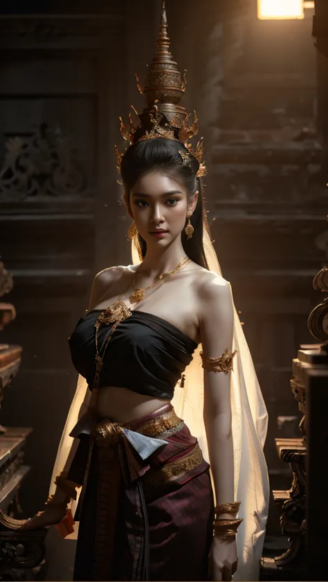 beautiful girl ,thai women&#39;warrior, walking at thai measure, dynamic poses, thai chat set, strapless shirt, long hair,black ...