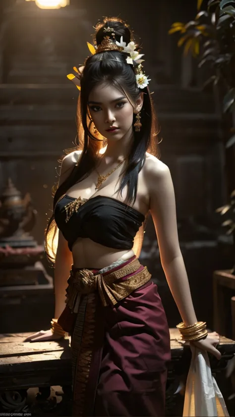 beautiful girl ,Thai women&#39;warrior, walking at thai measure, dynamic poses, Thai Chat Set, Strapless shirt, long hair,black ...