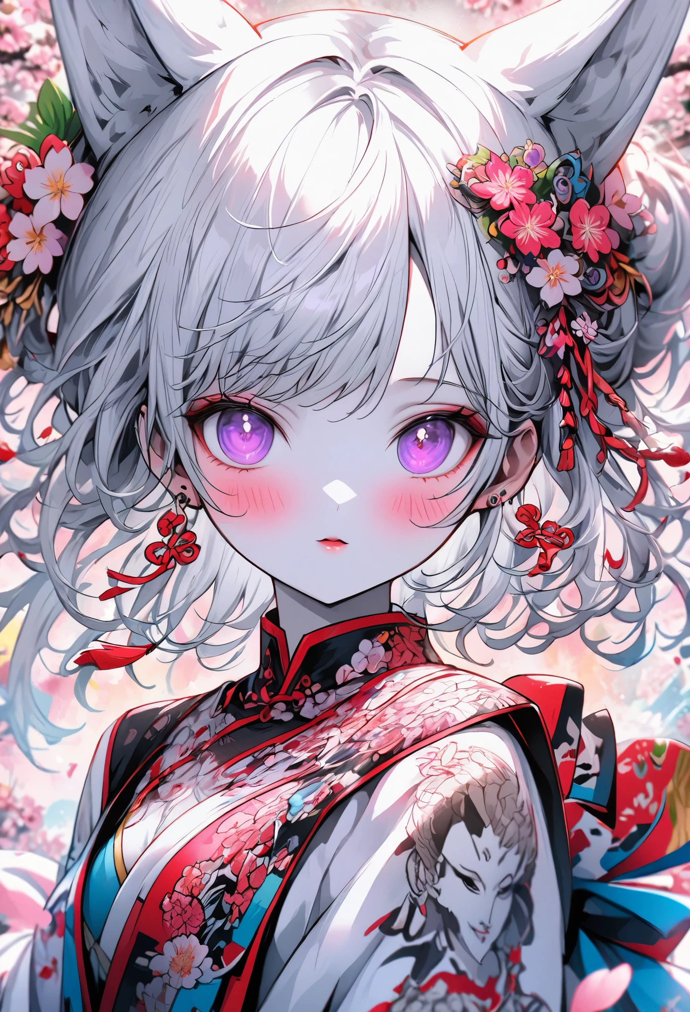 Create digital artworks in the pop art style、Features a girl with detailed fox ears、1 girl、Medium chest、Starry Eyes、blush、Individuality、(1 girl: 1.4)、Gray Hair、Fox Ears、Purple eyes、Perfect Face、Detailed face、Perfect body、Beautiful Eyes、Beautiful Face、(Light Skin: 1.4)、idol、(whole body)、Priestess in Japan Clothes、Street fashion、Color scheme of the movie、Surrounded by vintage floral motifs、Vivid brushwork、Emotions must be dynamic、Upper Body、drawing、figure、grayscale、tropical、a lot of cherry blossom、