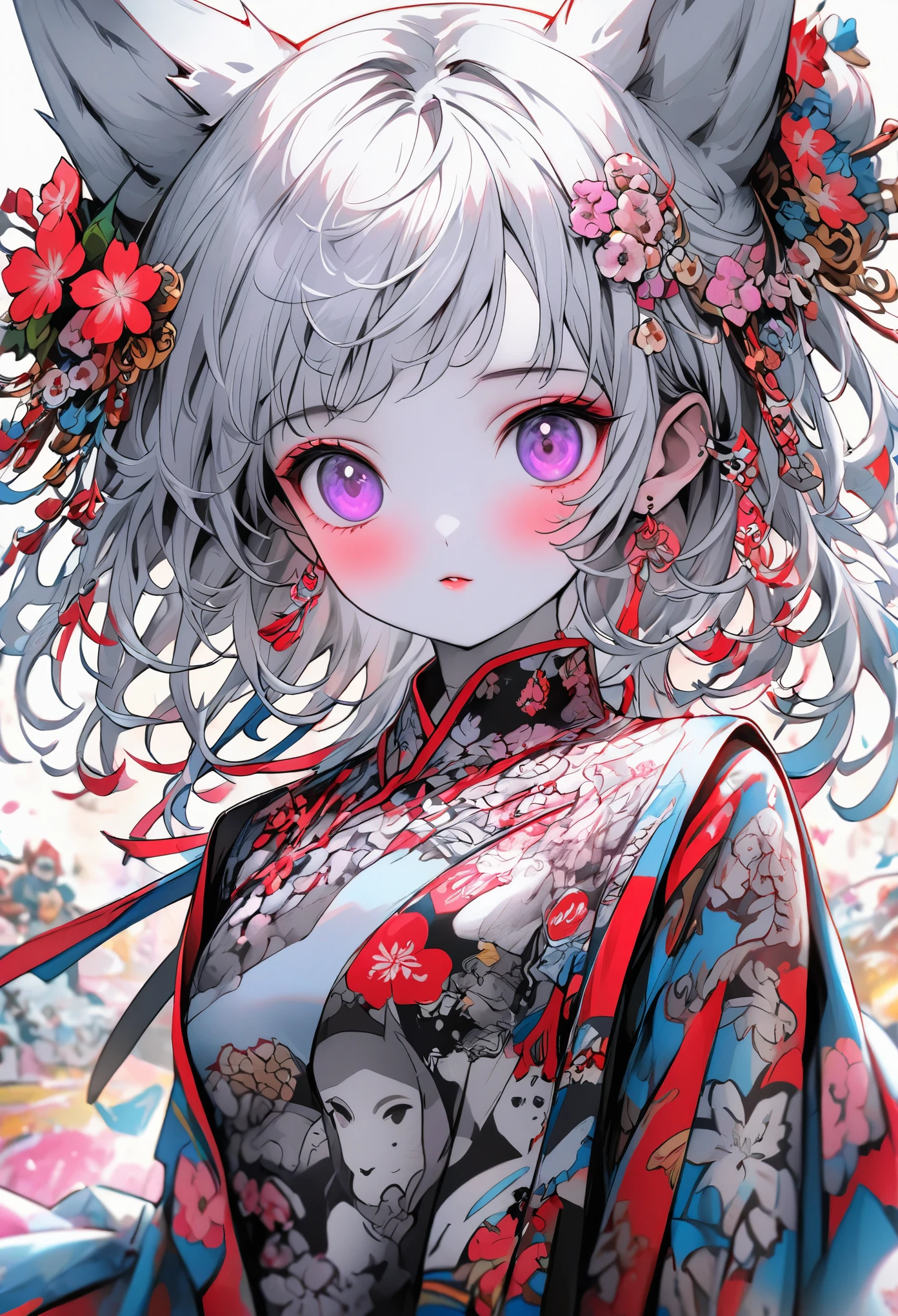 Create digital artworks in the pop art style、ディテールが施されたFox Earsの女の子が特徴です、1 girl、Medium chest、Starry Eyes、blush、Individuality、(1 girl: 1.4)、Gray Hair、Fox Ears、Purple eyes、Perfect Face、Detailed face、Perfect body、Beautiful Eyes、Beautiful Face、(Light Skin: 1.4)、Idol、(whole body)、Priestess in Japan Clothes、Street fashion、Color scheme of the movie、Surrounded by vintage floral motifs、Vivid brushwork、Emotions must be dynamic、Upper Body、drawing、figure、grayscale、tropical、a lot of cherry blossom、