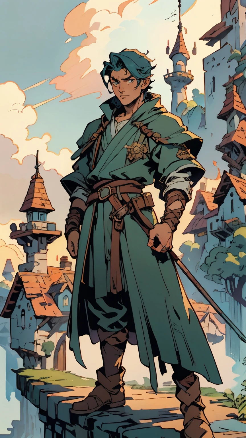 A young man with messy sky-blue short hair, a headband tied around his forehead, handsome face, calm expression, ((a fantasy-style short-sleeved robe coat with a unique half-side design, a green undershirt underneath)), an archer's wrist guard, a cloth belt, coarse cloth trousers, leather boots, overlooking the city from above, this character embodies a finely crafted fantasy-style archer in anime style, exquisite and mature manga art style, high definition, best quality, highres, ultra-detailed, ultra-fine painting, extremely delicate, professional, perfect body proportions, golden ratio, anatomically correct, symmetrical face, extremely detailed eyes and face, high quality eyes, creativity, RAW photo, UHD, 32k, Natural light, cinematic lighting, masterpiece-anatomy-perfect, masterpiece:1.5