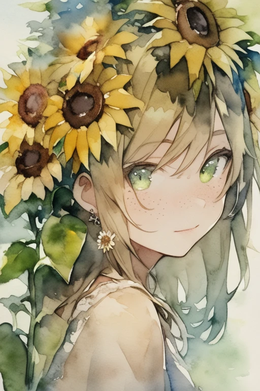 (watercolor:1.2),One girl, alone, flower, sunflower,freckles, Portraiture, leaf, bangs, sign, yellow flower, brown hair, Long Hair, Green Eyes, Hair between the eyes, flower earrings