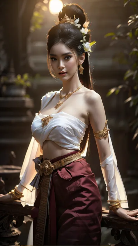 beautiful girl ,thai women&#39;warrior, walking at thai measure, dynamic poses, thai chat set, strapless shirt, long hair,black ...