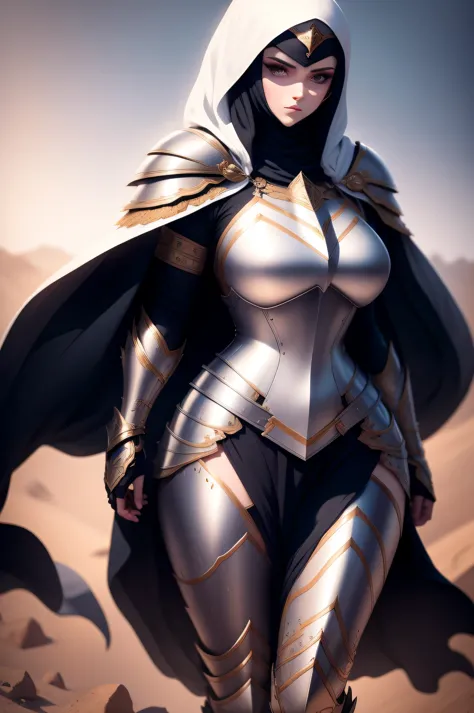 Paladin girl clad in a heavy armor set, her figure concealed by the layered protection. Beneath the armor, she dons a long sleev...