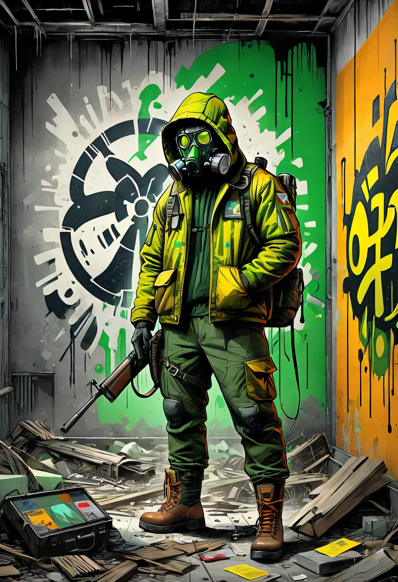 ((post apocalyptic Wasteland, abandoned place, rubble, destruction, destroyed buildings graffiti on walls:1.5)), ((Chernobyl, mutants, tattered clothes with hood and weapons, dynamic pose, epic:1.6)), ((background dark, full moon night:1.4)), (Masterpiece),(best quality:1.4), (Ultra-high resolution:1.4), detailed painting, (((Dark colors, green, cyan, white, intricate, danger signs , radiation:1.5) ), (( post apocalyptic:1.4 )), (( best quality, vibrant, 32K, well-defined lights and shadows without text:1.3).
