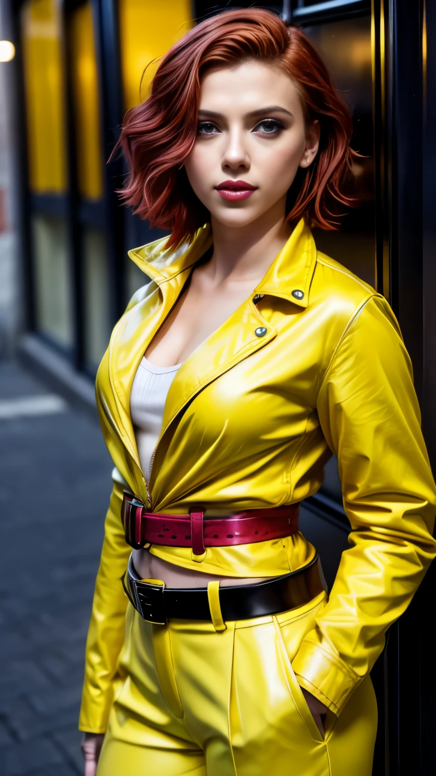 Scarlett Johansson, smiling, ((Very intense makeup)), ((bright lipstick)), short hair, red hair, yellow jacket, yellow belt, yellow pants, April