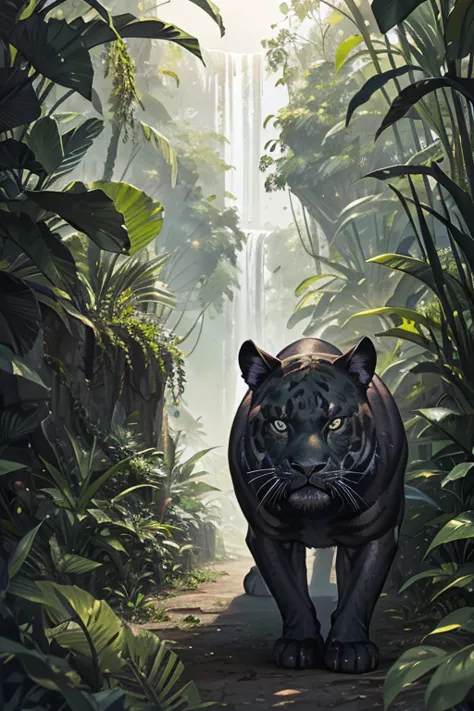 muscular black jaguar lurking in a lush rainforest