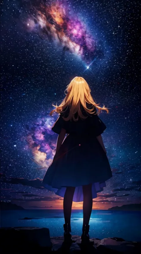 １people々々々々々々々々々,blonde long-haired woman，dress silhouette， rear view，space sky, the boundary between the sea and space，anime st...