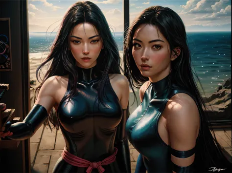 Create a masterful masterpiece psylocke dreaming of a better life looking at the ultra-detailed horizon inspired by Drew Struzan...