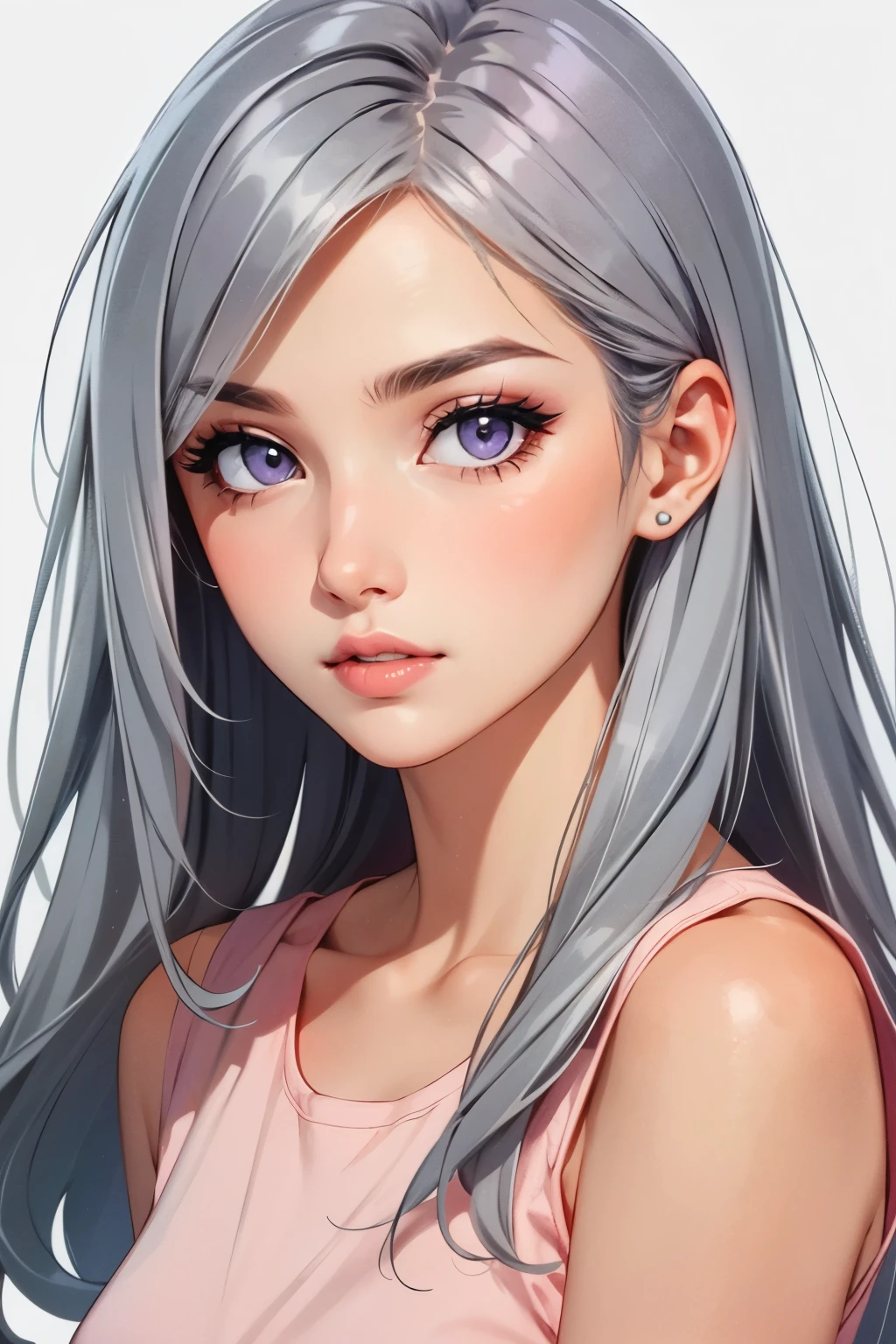 Girl, long gray hair, silver eyes, cold features, white skin, pink lips, purple shirt