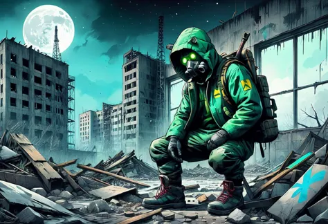 ((post apocalyptic Wasteland, abandoned place, rubble, destruction, destroyed buildings graffiti on walls:1.5)), ((Chernobyl, mu...