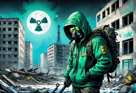 ((post apocalyptic Wasteland, abandoned place, rubble, destruction, destroyed buildings graffiti on walls:1.5)), ((Chernobyl, mu...