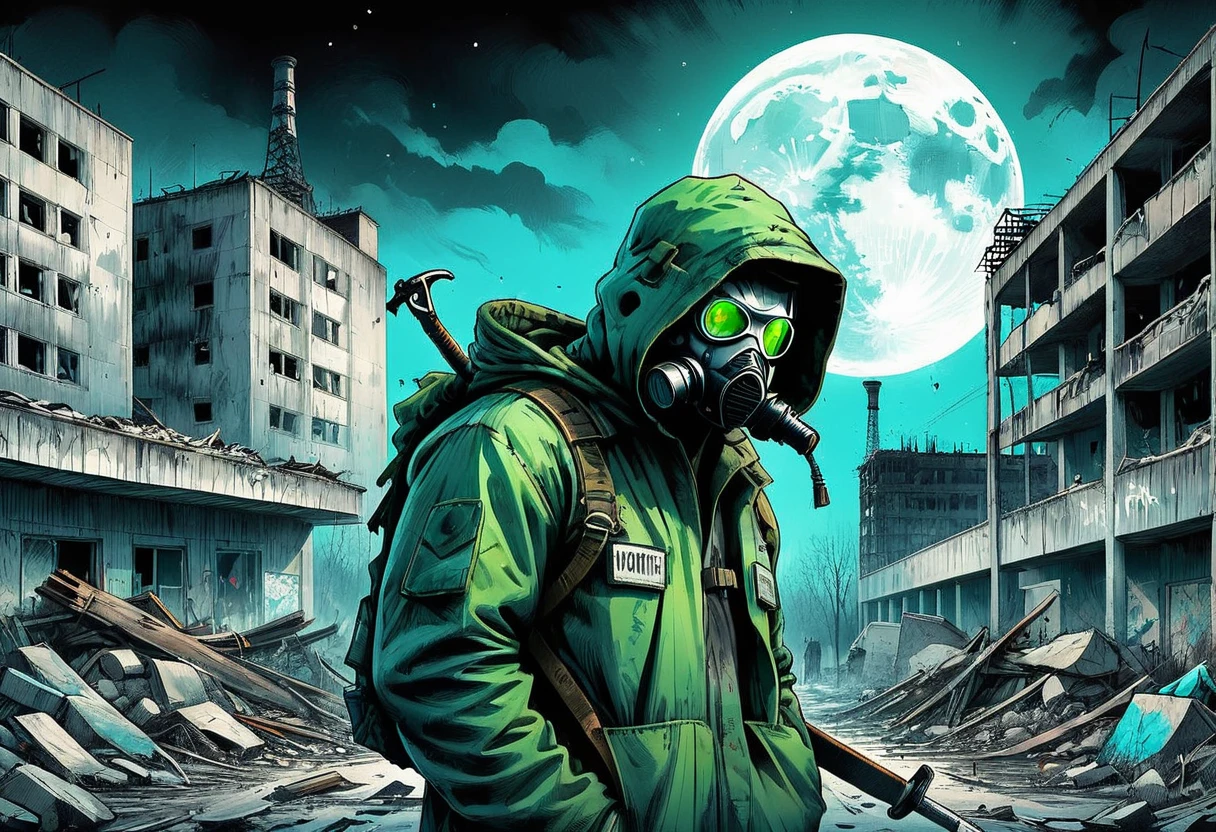 ((post apocalyptic Wasteland, abandoned place, rubble, destruction, destroyed buildings graffiti on walls:1.5)), ((Chernobyl, mutants, tattered clothes with hood and weapons, dynamic pose, epic:1.6)), ((background dark, full moon night:1.4)), (Masterpiece),(best quality:1.4), (Ultra-high resolution:1.4), detailed painting, (((Dark colors, green, cyan, white, intricate, danger signs , radiation:1.5) ), (( post apocalyptic:1.4 )), (( best quality, vibrant, 32K, well-defined lights and shadows without text:1.3).