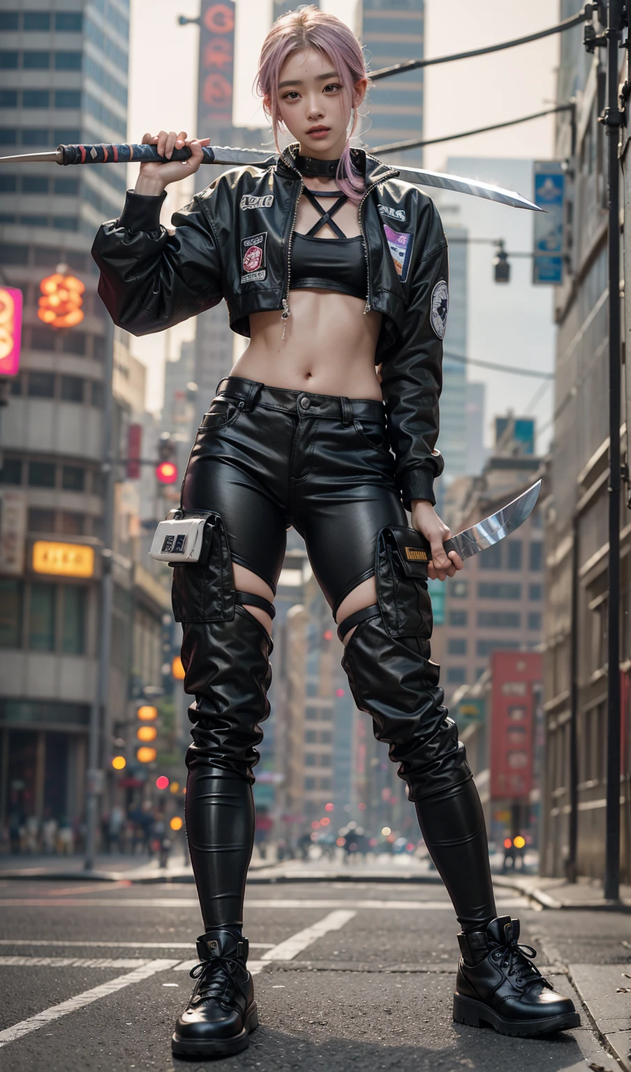 highest quality、Surreal、Perfect Anatomy、Crowded downtown area、Wet and shiny white skin、Sweat dripping all over the body、Slender model figure、Ahegao、blush、Rainbow Hair、black micro bikini、soaked、Super small face、Japanese sword、Collars and Leads、Natural lighting、Cyberpunk City、neon lights、urban techwear