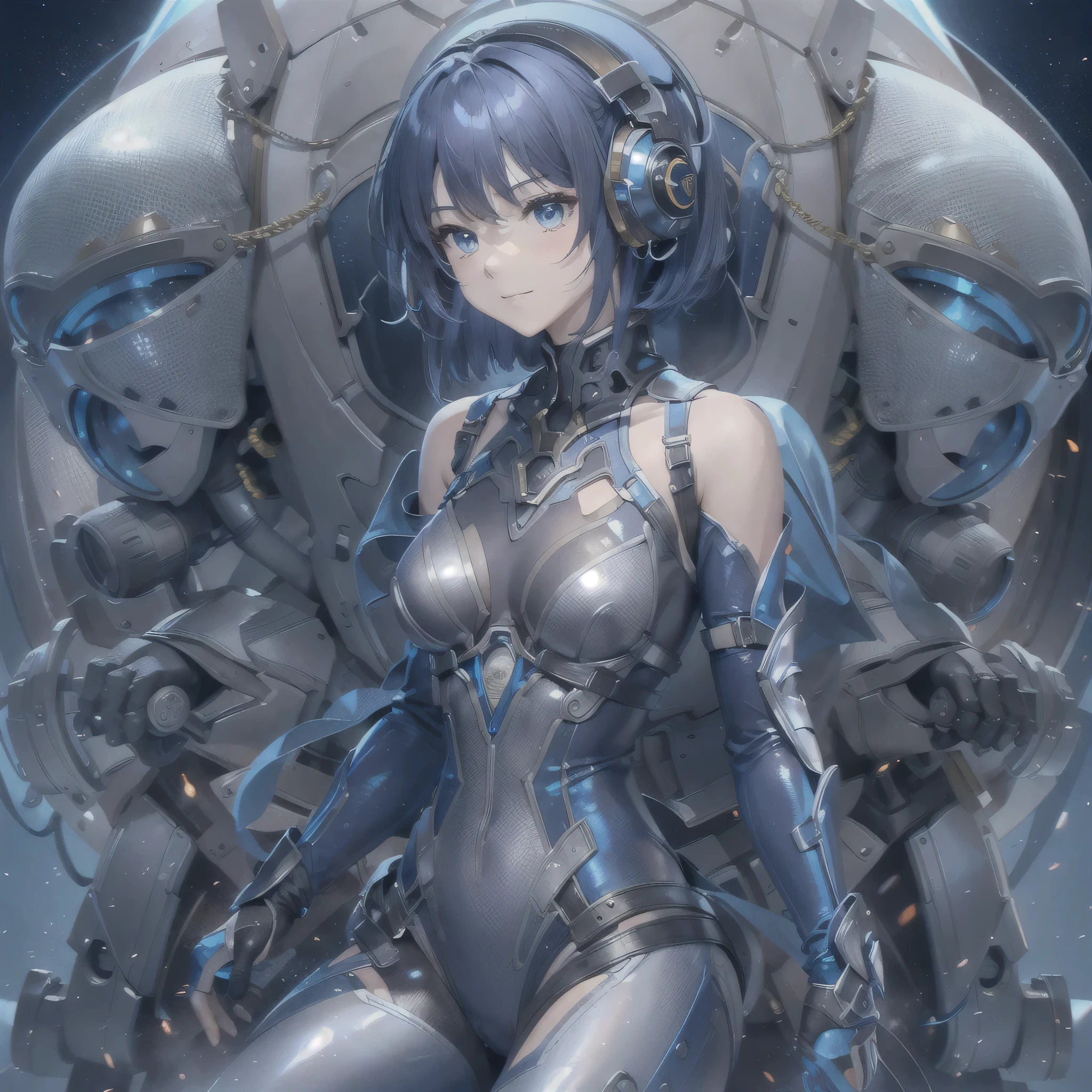 (masterpiece、highest quality、Highest Resolution、Clear_image、Detailed details、Angle from above): (Whole body、One 20 year old girl、Japanese Faces、Small Face、Slender、Navy blue super short bob cut hair、(Hidden small breasts:1.3)、Sparkling blue eyes、Shiny pilot suit in blue and black colors、Chest protection armor、Tight fitting clothes、Clothing that covers the whole body、Glamorous clothes、Tight Fit Pants、Hide your skin、Very delicate and beautiful、Detailed Skin、hide thighs、Hide your ass、Cute、A gentle smile、Soft expression、heroine、headset、Knee-high boots、Elbow-length gloves、Eye Level Shot、Face directly、Woman on a spaceship)