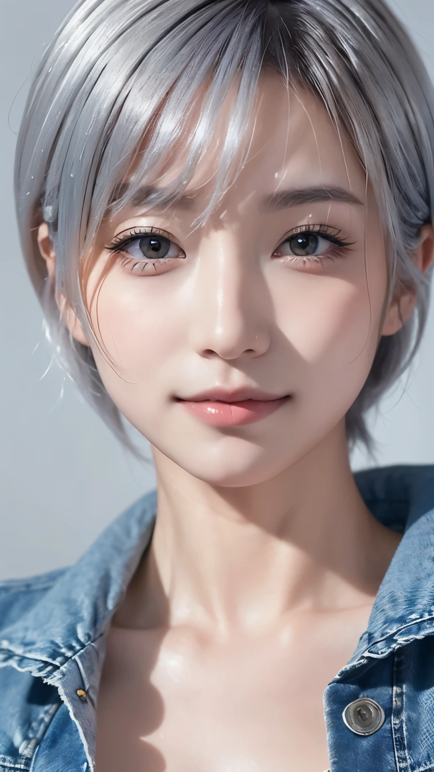 Realistic, masterpiece, highest quality, Highest Resolution, A portrait of a Japanese woman, depicting only the upper body, portrait background, A happy smile, slightly turned to the side, Always watching the audience, Beautifully detailed eyes, Dark Eyes, Looks sleepy, Sparkling eyes, (hidden creased eyelids:1.2), Thin eyebrows, Carefully draw eyelashes, Natural Makeup, (short hair, Silver Hair:1.3), Detailed face, (Close up on face:1.2), ((Denim Jacket), naked)