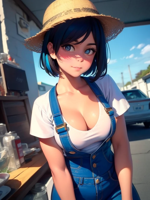 ((masterpiece, best quality, high resolution, UHD, pixel perfect, depth of field, 8k, RTX, HDR))cowboy shot, BREAK, short hair, black hair with blue streaks, hair bobcut, brown eyes, well defined eyes, high definition eyes, eyelashes and black shadow under the eyes, blushing, high gloss eyes, looking at the viewer,  shiny skin, sharp, Perfect Body Beauty, realistic shaded perfect body, dynamic pose, "(overalls , with white t-shirt)"  cleavage, medium breasts , she is wearing a farmer hat , perfect anatomy,  BREAK, stand up in a farm with a cow in the background 