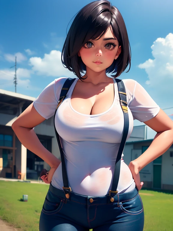 ((masterpiece, best quality, high resolution, UHD, pixel perfect, depth of field, 8k, RTX, HDR))cowboy shot, BREAK, short hair, black hair with blue streaks, hair bobcut, brown eyes, well defined eyes, high definition eyes, eyelashes and black shadow under the eyes, blushing, high gloss eyes, looking at the viewer,  shiny skin, sharp, Perfect Body Beauty, realistic shaded perfect body, dynamic pose, "(overalls , with white t-shirt)"  cleavage, medium breasts , she is wearing a farmer hat , perfect anatomy,  BREAK, stand up in a farm with a cow in the background 