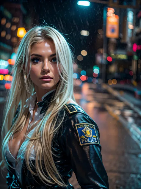 British instagram model, platinum blonde long hair, policewoman cosplay, night light, on a wet street, traffic, perfect body, pe...
