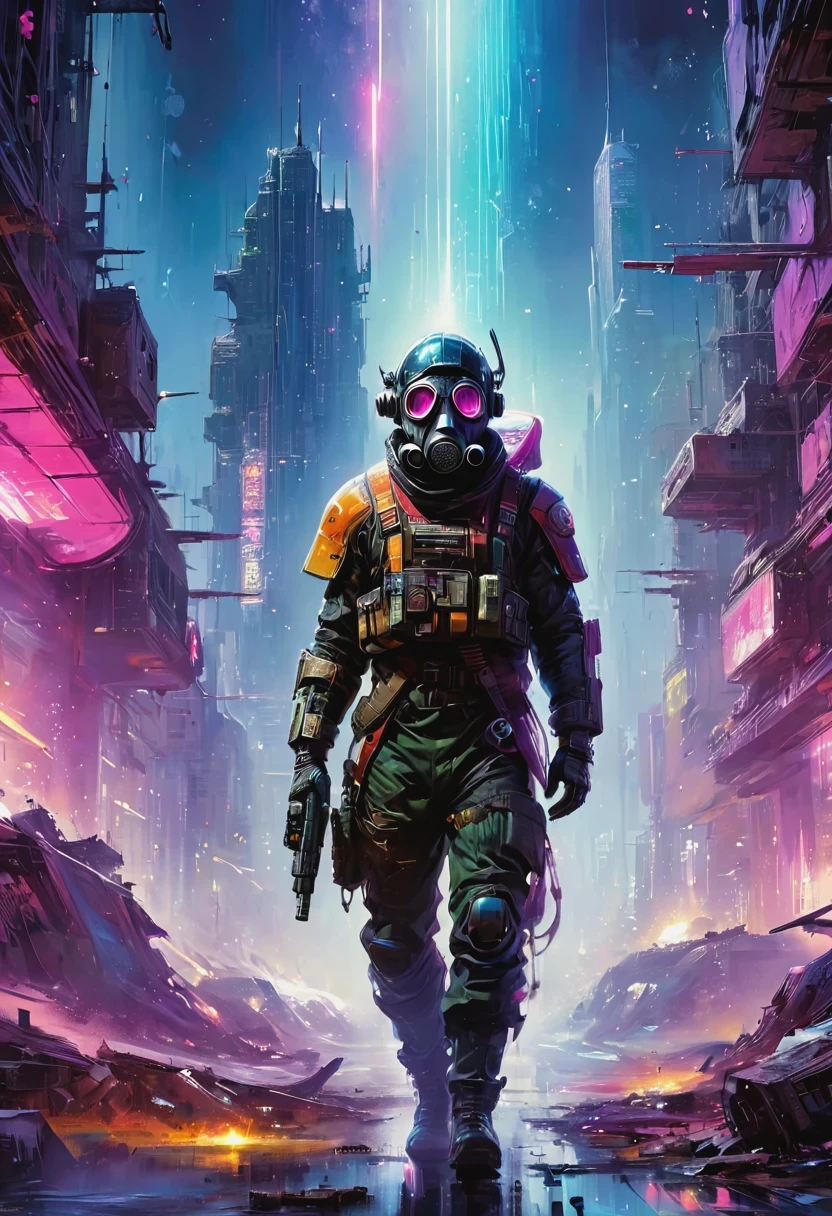 An Araf man wearing a gas mask walks through the destroyed city，Skyline of a dense and sprawling city in a grunge world, Cyberpunk, night, neon, spotlight, Hologram,smokes, magenta, Teal and neon,  luminescent, Ethereal Light,Starry Sky, bustling, Space color, Vibrant colors, Watercolor style, Ultra-realistic lighting, Futuristic pattern, Vibrant colors, A detailed world of digital art, Color Splash John Berkey Style Page, (masterpiece:1.2), best quality, (Ultra Detailed, The most detailed:1.2), High resolution textures, 