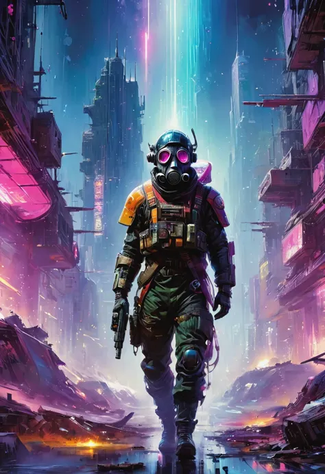 An Araf man wearing a gas mask walks through the destroyed city，Skyline of a dense and sprawling city in a grunge world, Cyberpu...
