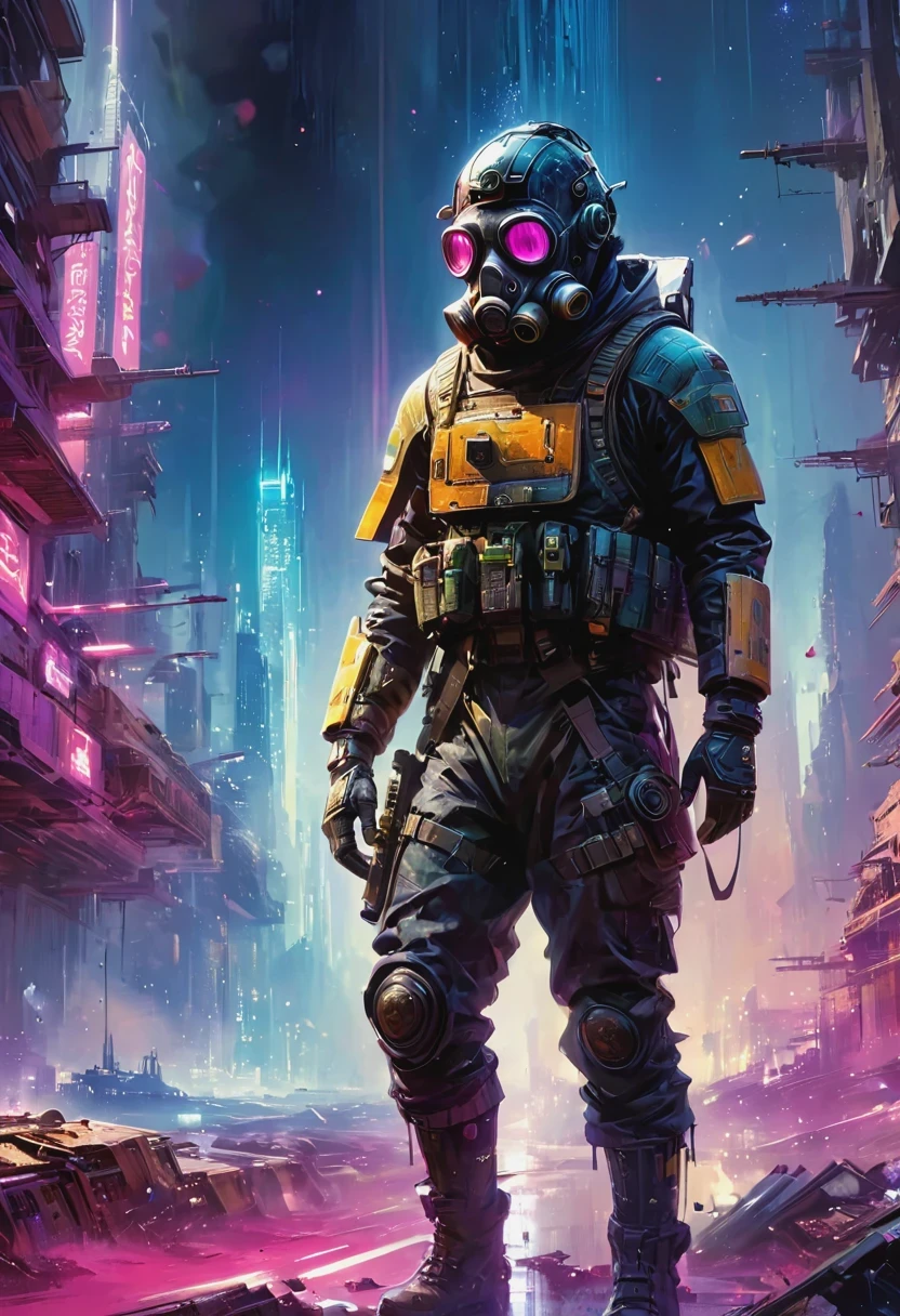 An Araf man wearing a gas mask walks through the destroyed city，Skyline of a dense and sprawling city in a grunge world, Cyberpunk, night, neon, spotlight, Hologram,smokes, magenta, Teal and neon,  luminescent, Ethereal Light,Starry Sky, bustling, Space color, Vibrant colors, Watercolor style, Ultra-realistic lighting, Futuristic pattern, Vibrant colors, A detailed world of digital art, Color Splash John Berkey Style Page, (masterpiece:1.2), best quality, (Ultra Detailed, The most detailed:1.2), High resolution textures, 