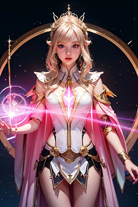 female short blond tomboy hair dark fantasy girl wearing an intricate elaborate futuristic light pink armor with mini dress with...