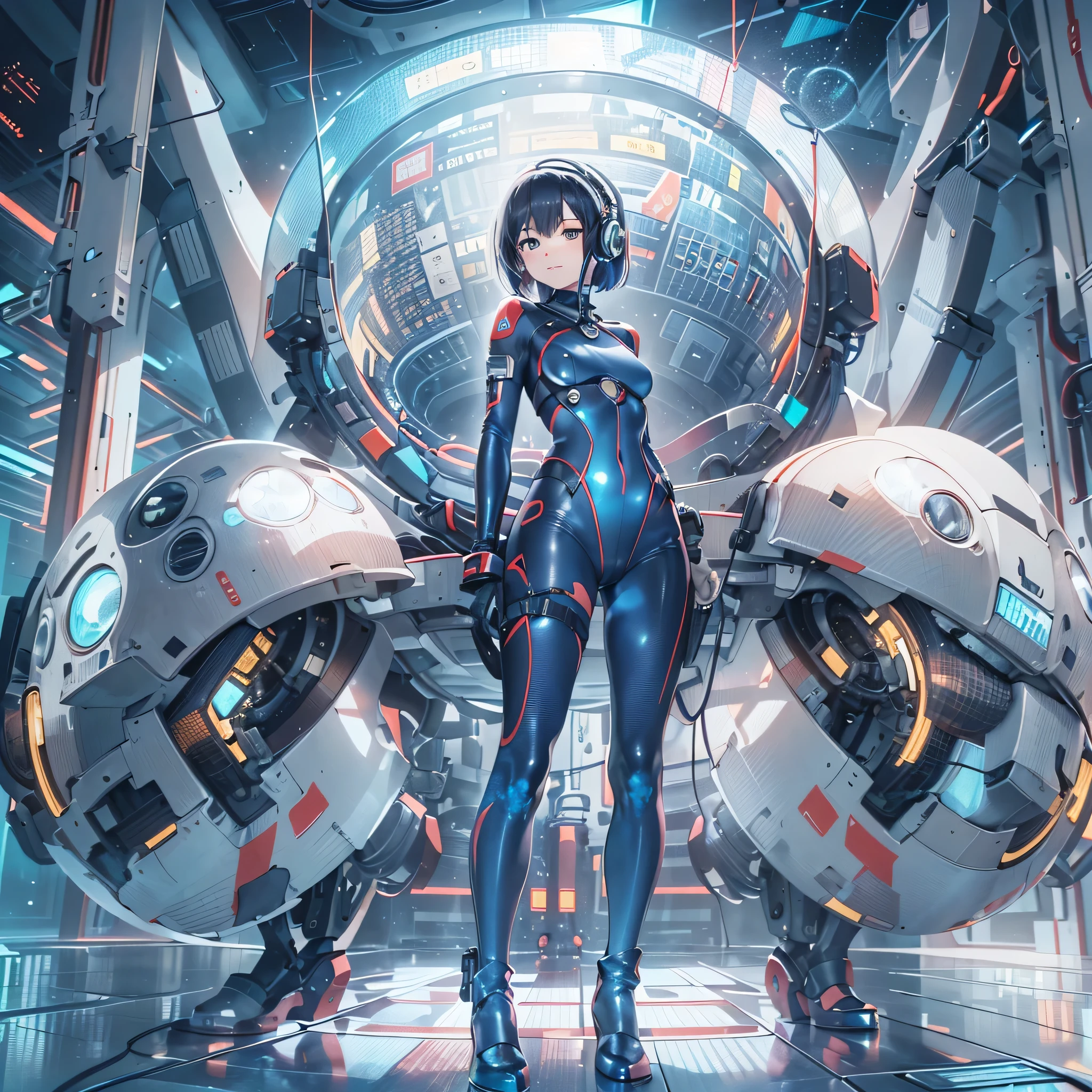 (masterpiece、highest quality、Highest Resolution、Clear_image、Detailed details、Angle from above): (Whole body、One 20 year old girl、Japanese Faces、Small Face、Slender、Navy blue super short bob cut hair、(Hidden small breasts:1.3)、Sparkling blue eyes、Shiny pilot suit in blue and black colors、Chest protection armor、Tight fitting clothes、Clothing that covers the whole body、Glamorous clothes、Tight Fit Pants、Hide your skin、Very delicate and beautiful、Detailed Skin、hide thighs、Hide your ass、Cute、A gentle smile、Soft expression、heroine、headset、Knee-high boots、Elbow-length gloves、Eye Level Shot、Face directly、Woman on a spaceship)