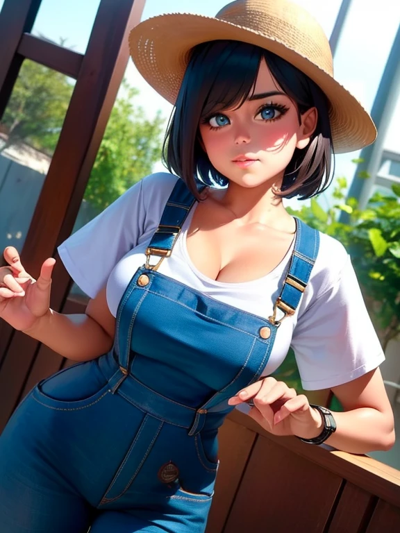 ((masterpiece, best quality, high resolution, UHD, pixel perfect, depth of field, 8k, RTX, HDR))cowboy shot, BREAK, short hair, black hair with blue streaks, hair bobcut, brown eyes, well defined eyes, high definition eyes, eyelashes and black shadow under the eyes, blushing, high gloss eyes, looking at the viewer,  shiny skin, sharp, Perfect Body Beauty, realistic shaded perfect body, dynamic pose, "(overalls , with white t-shirt)"  cleavage, medium breasts , she is wearing a farmer hat , perfect anatomy,  BREAK, stand up in a farm with a cow in the background 