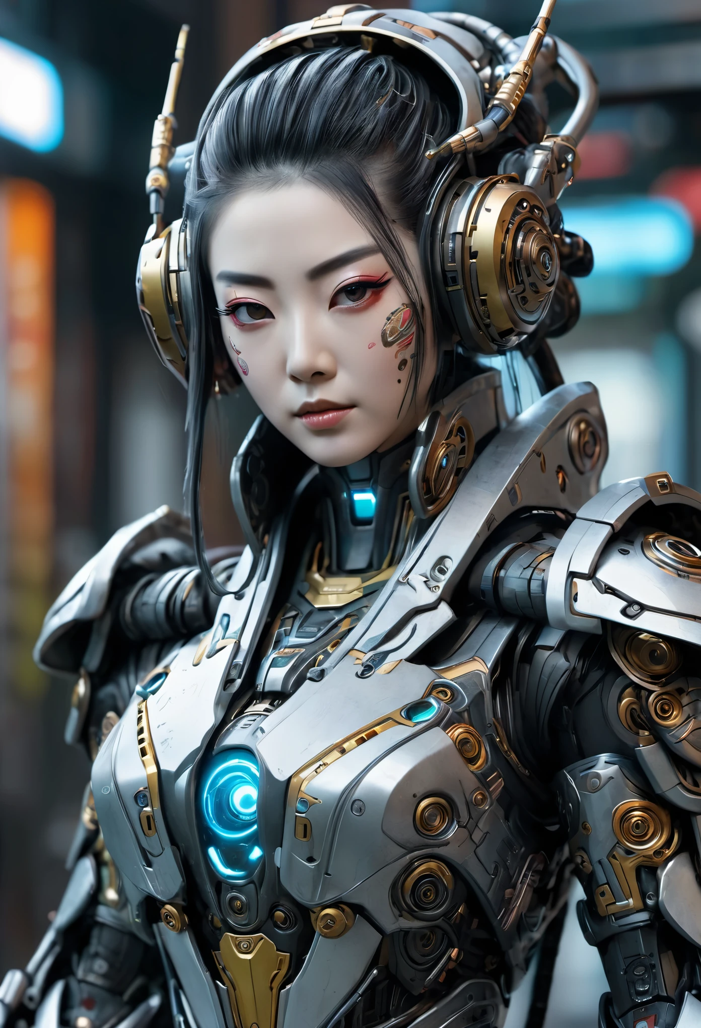 Android, geisha, withroboticparts, inflowerykimono, sci-fi suit, wearing a cyberpunk style, intricate details, (Artstation:1.1), (intricate:1.1), (great eye detail:0.7), solo, female, looking at viewer, photorealistic, 8k, unreal engine, half body portrait, highly detailed,