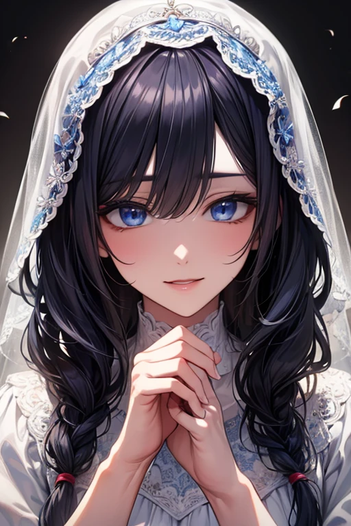 masterpiece, masterpiece_portrait, distinct, distinct_image, high_resolution, highres, high_quality_anime, high_quality, hyper_detail, finely_detailed,4K, YUJU, GFRIEND, KPOP , white Wedding Dress, sexy body, ((black hair)), blue eyes, wedding veil, bouquet, smile, happy