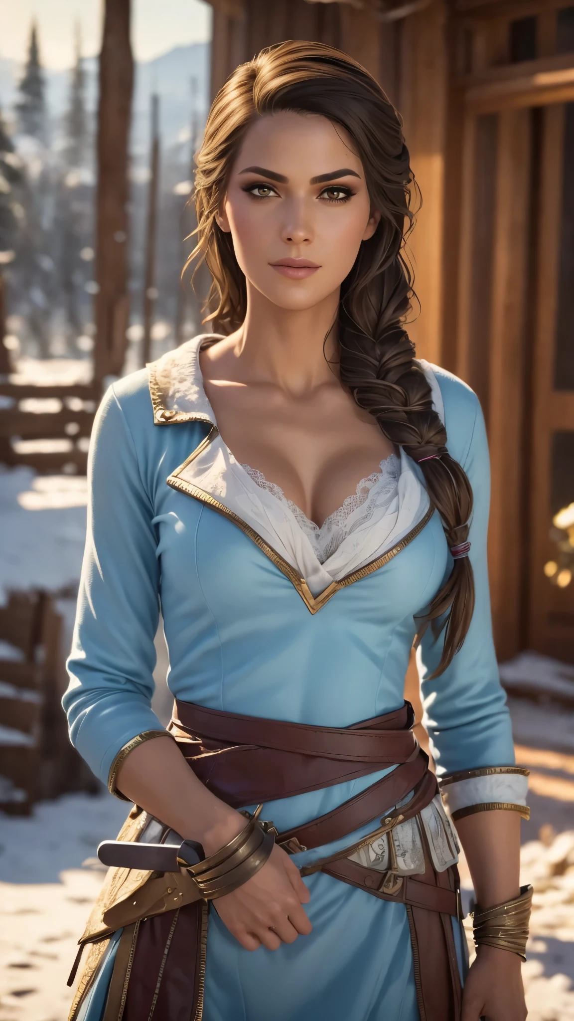 (Masterpiece, High Quality), (Very Detailed), Kassandra, Assassin's Creed Universe, Seductive Eyes, Seductive Smile, In Snow Jacket,
(Physically-based Rendering), (Realistic), (Cinematic Lighting), (High Resolution), (Detailed Textures), (Depth of Field),
(Sensual), (Alluring), (Femme Fatale), (Naughty), (Provocative), (Expressive), (Smolder), (Inviting),
(Dynamic Shadows), (Snow-covered Landscape), (Icy Blue Tones), (Realistic Fur), (Detailed Facial