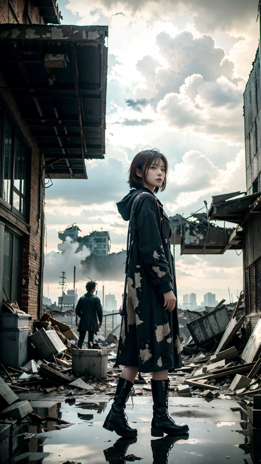 Brown short hair girl、A structure piercing the sky in the distance、anime art wallpaper 8k, 16k、(Disparity society)、((One of his arms is made of machinery))、Black long boots、((A ruined world))、Destroyed City、(a girl standing at the rooftop of a building)、Clothes dirty with dust、Damage costume、((Black make-up on the face))、Fluttering costumes、Fluttering Hair、Exploding buildings、Dark Clouds、(Dystopia)、((Chaotic world))、Reddish long coat