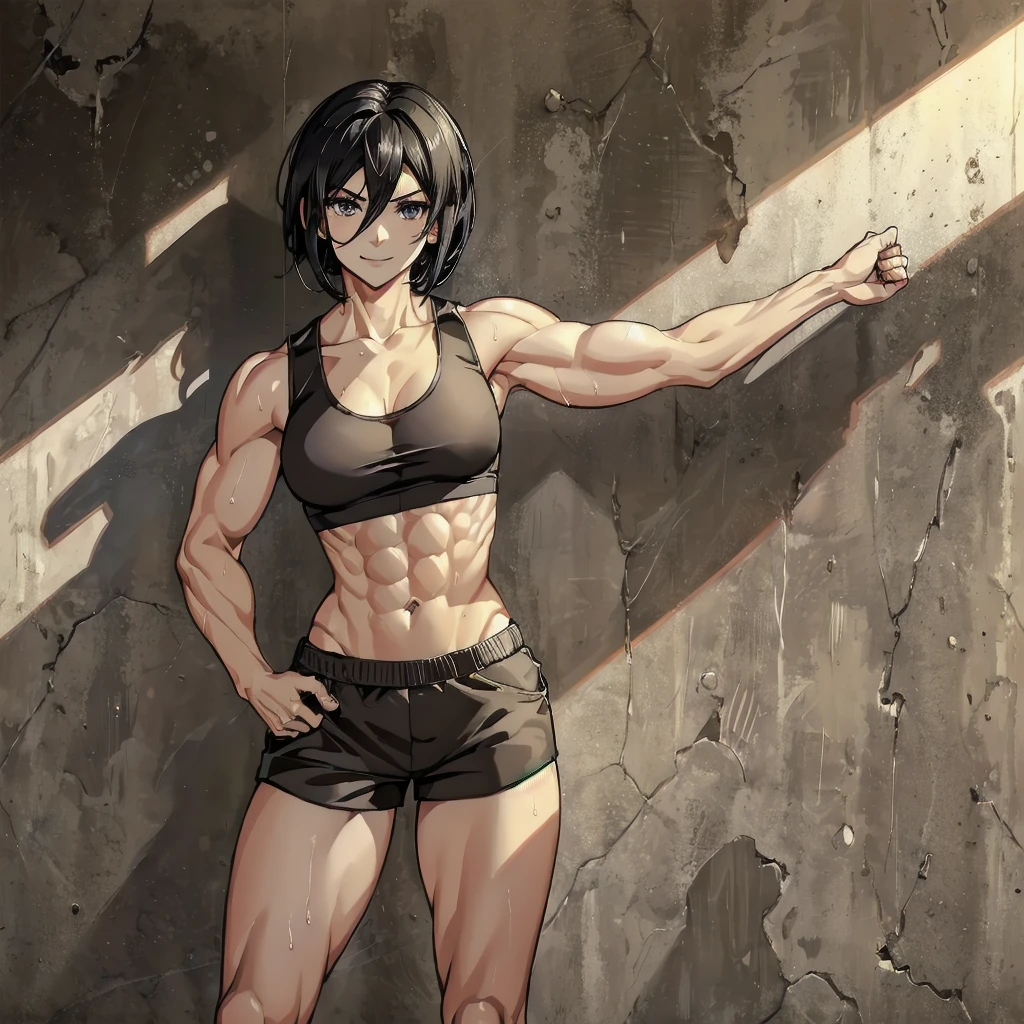 masterpiece, UHD, 4k, highres, ultra highres, hd, best quality, anime, anatomically accurate, detailed face, detailed skin, detailed, pretty face, (1girl:1.5), mikasa ackerman, mikasa, short hair, black hair, attack on titan, abs, navel, midriff, belly button, abdominal, stretching, fully clothed, tank top, shorts, thighs, work out, working out, muscular, biceps, pectoral muscles, smile, standing, sweating, wet skin, glossy skin, on top of the wall, concrete wall, day time, mikasa is standing on top of wall maria, scout regiment logo, scout regiment embroidery,