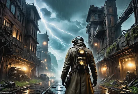 A future doctor in a white robe wearing a future Gas Mask walks through a destroyed future city，Heavy rain(illumination,The City...