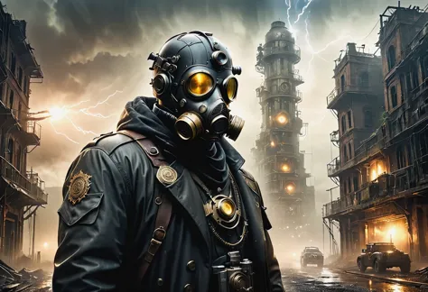 A future doctor in a white robe wearing a future Gas Mask walks through a destroyed future city，Heavy rain(illumination,The City...